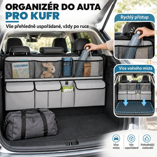 Závěsný organizér do kufru auta , uvolní podlahu kufru, kompatibilní s SUV a rodinnými auty, barvy černá a šedá.